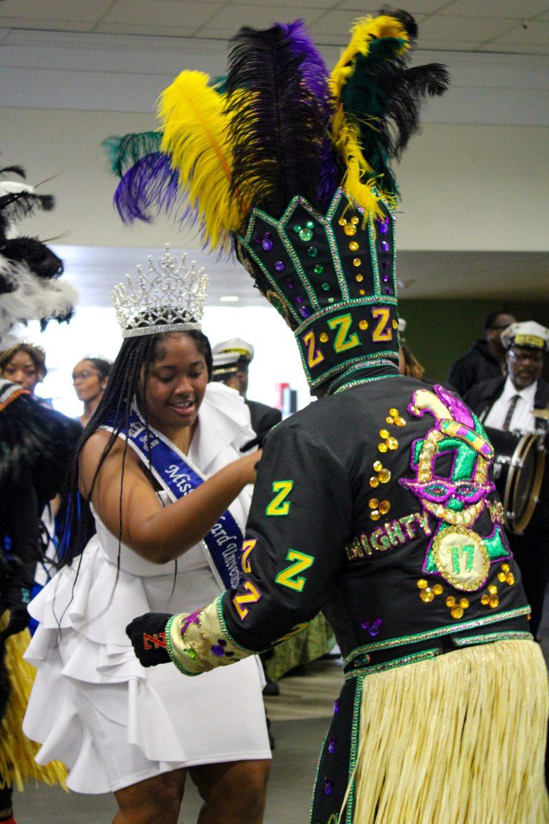 The 87th Miss Dillard University, Jerika Edwards, is dancing with a Zulu tramp in Kearny Dining Hall on Tues. as the University prepares for the Mardi Gras break. They were also joined by the Zulu King and Queen and a second line band.
Aretha McKinney, photo editor 